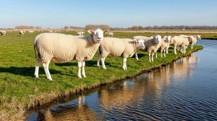 Fototapeta premium Sheep Grazing Near a Calm River in Sunny Landscape