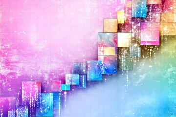 Obraz premium Abstract geometric background with colorful squares and glittering effects, blending vibrant pink, blue, and green hues in a dreamy digital art design.