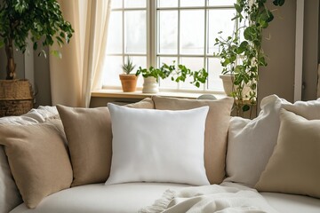 Comfortable white pillow mockup on sofa in room, closeup. Interior design