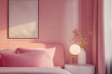 Pink Bedroom. Interior Poster of Bedchamber with Pink Bed and Table Lamp
