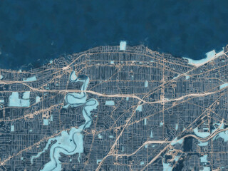 Painterly Style City Map of Lakewood  Ohio, USA in a Blue Color Scheme.