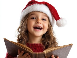 A child joyfully singing Christmas carols, holding a songbook, isolated on white background. 