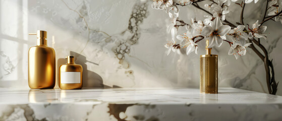 Luxury, marble interior of bathroom with countertop, golden accessories, cosmetics, product bottles, flowers. Showcase. Contemporary hotel design. Generative ai