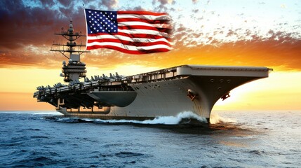 American Aircraft Carrier Sailing at Sunset