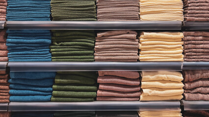 Towels. Multi colors Stack of bath towels on the shelves in the supermarket.