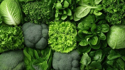 Assortment of fresh green leafy vegetables including kale, spinach, lettuce, cabbage, and broccoli arranged closely together.