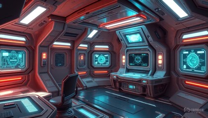 Obraz premium Futuristic space habitat with holographic control panels and advanced systems, offering a self-sustaining environment for human life in outer space. AI-generated