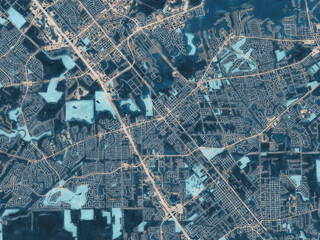 Painterly Style City Map of League City Texas, USA in a Blue Color Scheme.