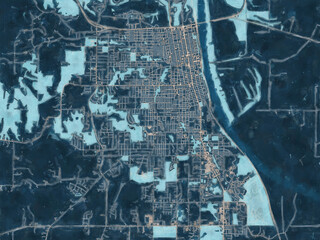 Painterly Style City Map of Leavenworth Kansas, USA in a Blue Color Scheme.