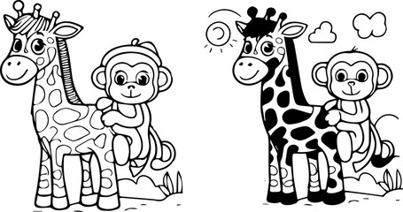 cartoon vector drawing of a monkey on giraffe's back