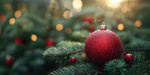 A close-up, richly detailed photograph of a red Christmas ornament adorned with dew drops, hanging on a green pine tree branch amidst soft, golden holiday lights