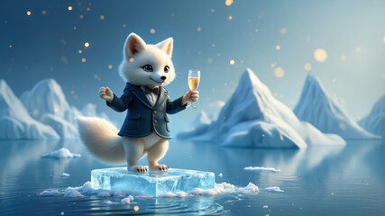 Fototapeta premium Happy New Year message. Cute artic fox with smart dress celebrating on ice block. Greeting card with text, champagne and funny animal.