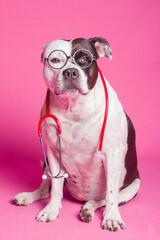 A dog in a doctor's costume. The stethoscope is hanging around the vet's neck