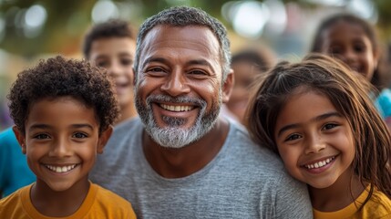 Fototapeta premium A man and two children are smiling for the camera