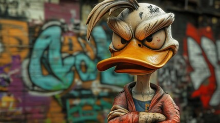 Obraz premium A tough-looking cartoon duck with crossed arms against a colorful graffiti wall.