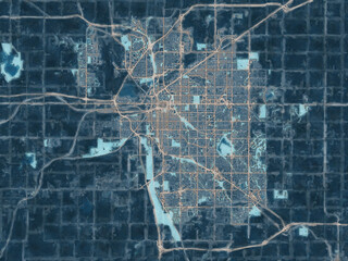 Painterly Style City Map of Lincoln Nebraska, USA in a Blue Color Scheme.