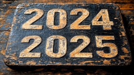 A rustic wooden sign displaying the years 2024 and 2025 with a distressed, vintage aesthetic, evoking a sense of nostalgia and the passage of time