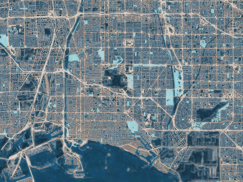 Painterly Style City Map of Long Beach California, USA in a Blue Color Scheme.