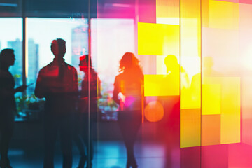 blurred team brainstorming digital marketing strategies in a bright modern office setting