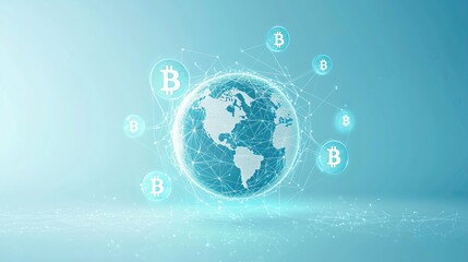 Obraz premium Global Bitcoin Network: A stylized illustration of the Earth encased in a network of interconnected lines, symbolizing the global reach of the Bitcoin cryptocurrency. Surrounding the globe.