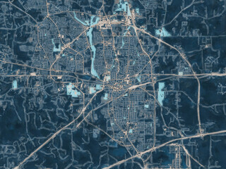 Painterly Style City Map of Longview Texas, USA in a Blue Color Scheme.