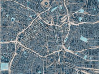 Painterly Style City Map of Los Angelos Center California, USA in a Blue Color Scheme.