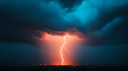 A dramatic scene of a lightning strike illuminating the sky amidst dark, stormy clouds, creating a powerful and atmospheric display of nature's raw energy.