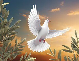 Obraz premium A graceful white dove in flight amid olive branches, biblical story, Christianity, dove of peace