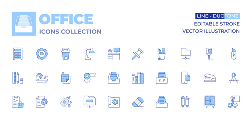 Office icons collection. Line Duotone style, editable stroke. pen, drawer, file, folder, pencil holder, scissors, glue, cabinet, cutter, compass, stapler