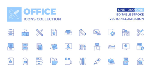 Office icons collection. Line Duotone style, editable stroke. workspace, sticky note, scissors, documents, highlighter, settings, home, computer, cardboard, stapler, desk, mail