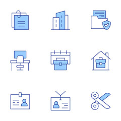 Office icons set. Line Duotone style, editable stroke. scissors, documents, office, building, attachment, home, badge, workplace
