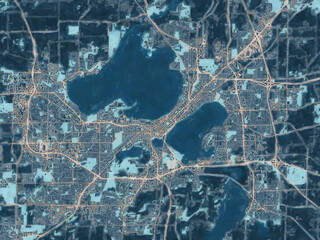 Painterly Style City Map of Madison Wisconsin, USA in a Blue Color Scheme.