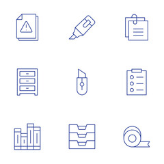 Office icons set. Thin Line style, editable stroke. tape, cutter, highlighter, cabinet, attachment, task, inbox, binder, file