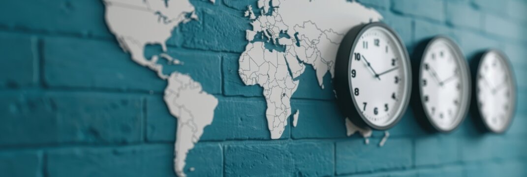 World map and clocks on a teal brick wall illustrating global time zones and international travel. Concept of worldwide communication.