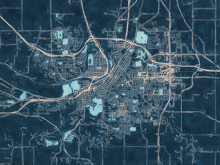 Painterly Style City Map of Mankato Minnesota, USA in a Blue Color Scheme.