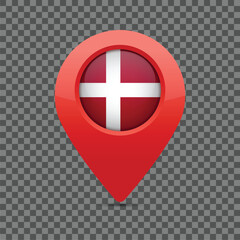 Danish flag pin for maps and navigation systems to mark current location. User Interface icon design. Vector illustration.