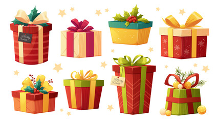 Christmas Gift Set. Present packages in red and green colours with winter plants. Vector elements on white background