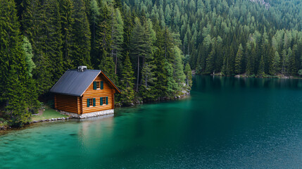 Obraz premium Charming wooden log cabin situated by a crystal-clear lake, surrounded by a dense forest of evergreen trees.