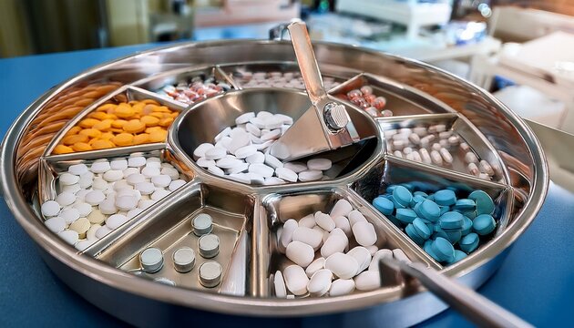 medicine tablets on counting tray with counting spatula at pharmacy