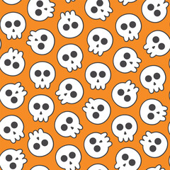 Seamless pattern of cartoon white skull head with an outline on an orange background, suitable for designing textiles, clothes, fabric, fashion, wrapping paper and others