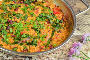 Homemade Lentil Stew / Soup with Chard in Pot Pan
