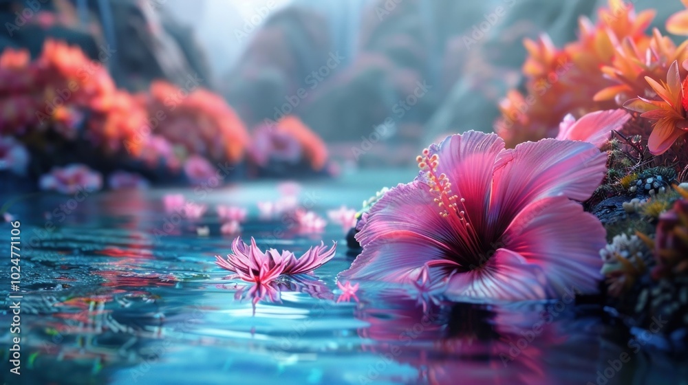 Canvas Prints gorgeous vibrant pink hibiscus flowers floating gracefully in a serene tranquil pond surrounded by l