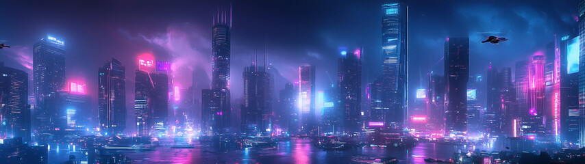 A futuristic city at night illuminated by vibrant neon lights, with towering skyscrapers and flying vehicles zooming by.