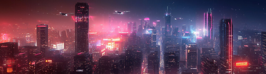 A futuristic city at night illuminated by vibrant neon lights, with towering skyscrapers and flying vehicles zooming by.