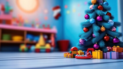  Documentary-Style 3D Illustration of a Kids' Playroom with a Colorful Christmas Tree and Toys, Capturing Festive Fun and Joyful Holiday Spirit with Warm Natural Lighting.