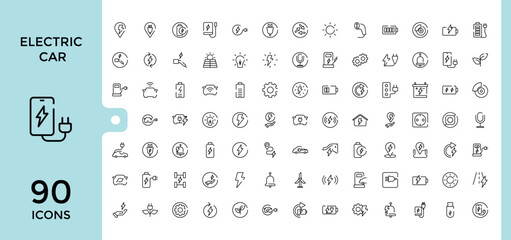 Electric car line icons set. electric vehicle charging station, EV plug, bus, motorcycle, energy recovery, smart e car, Minimal outline icon collection, Editable stroke, pixel perfect.