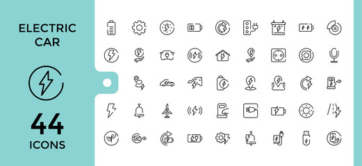 Electric car line icons set. electric vehicle charging station, EV plug, bus, motorcycle, energy recovery, smart e car, Minimal outline icon collection, Editable stroke, pixel perfect.