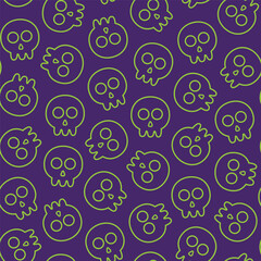 seamless pattern of a skull head with a green outline style on a purple background, suitable for designing textiles, clothes, fabric, fashion, wrapping paper and others