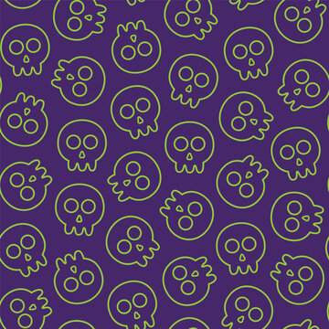 seamless pattern of a skull head with a green outline style on a purple background, suitable for designing textiles, clothes, fabric, fashion, wrapping paper and others