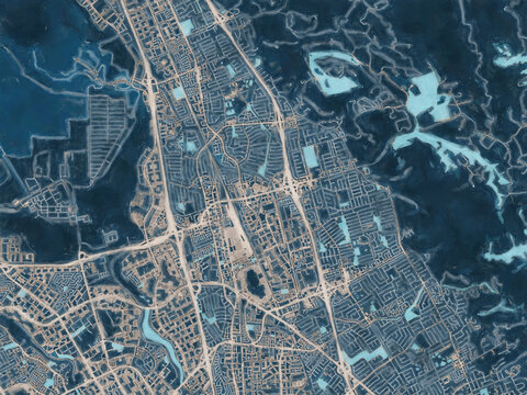 Painterly Style City Map of Milpitas  California, USA in a Blue Color Scheme.